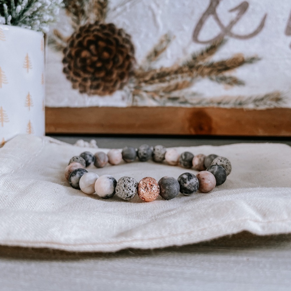 Gemstone Bracelet- Pink Jasper + Unwaxed Grey Lava Stone